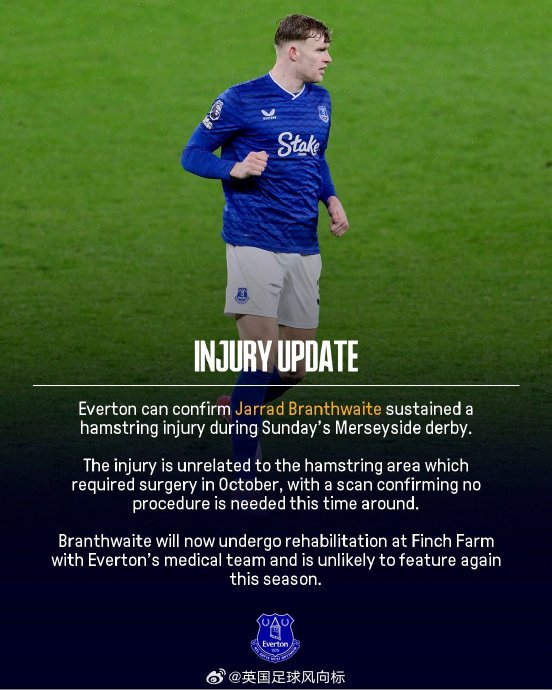 埃弗顿主力中卫布兰斯维特赛季报销引补强引援